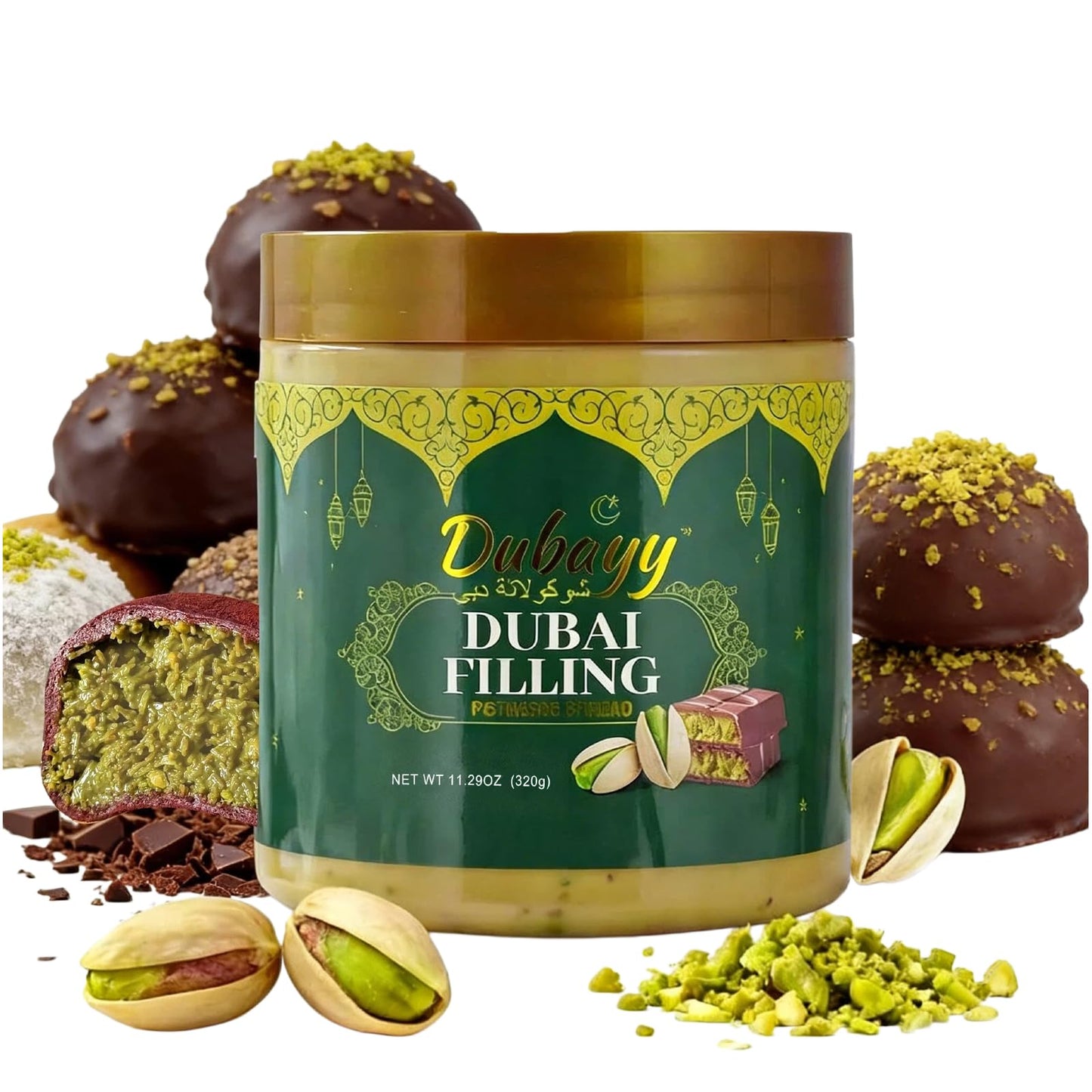Dubai Chocolate Filling by Dubayy, Viral Pistachio Chocolate Spread with Kataifi Crisp, Luxury Dessert Dip for Waffles, Pancakes, Bread, Desserts