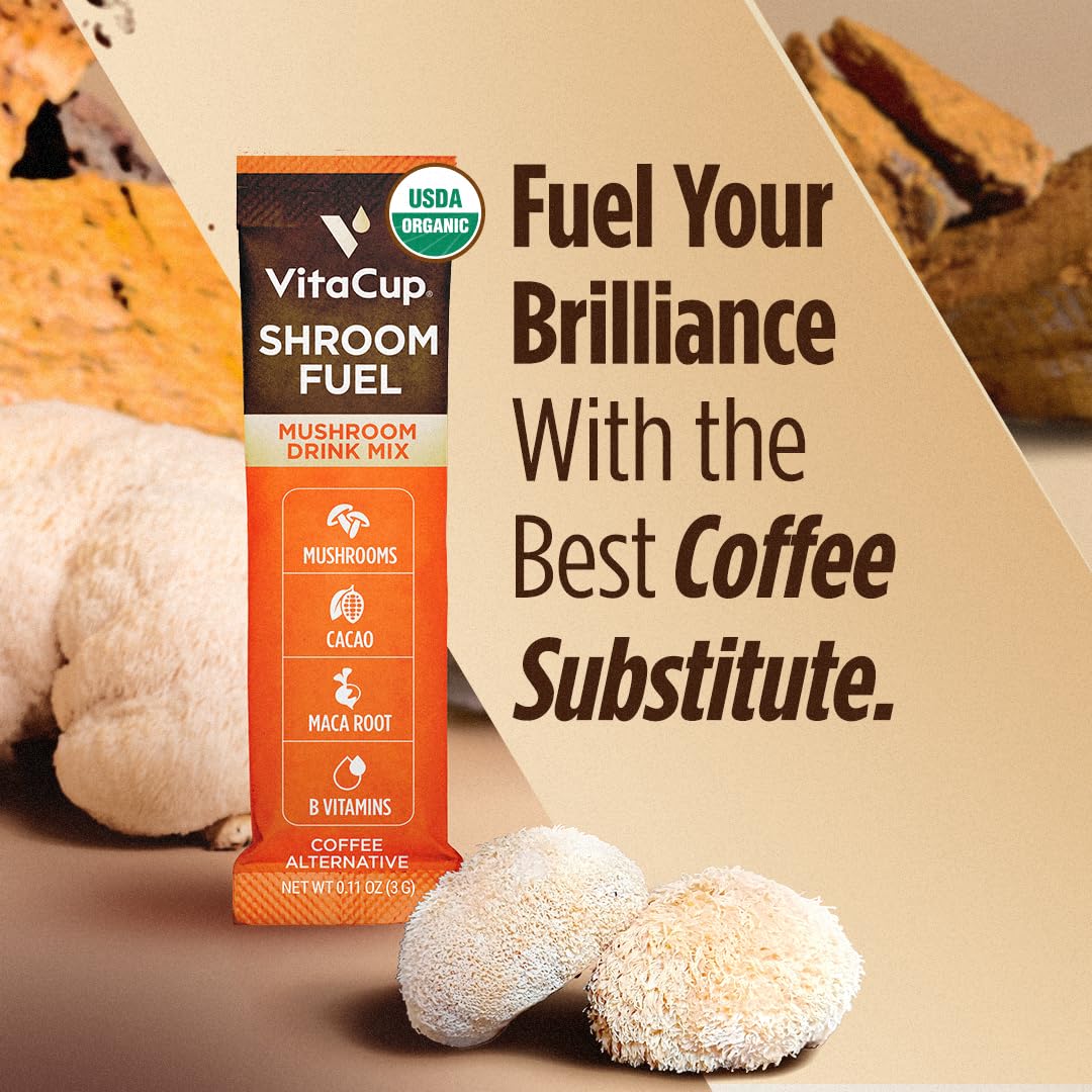 VitaCup Shroom Fuel, Mushroom Based Instant Coffee Alternative Packets, Mushroom Coffee Substitute w/Cacao, Cinnamon, Chaga, Lions Mane, & Maca