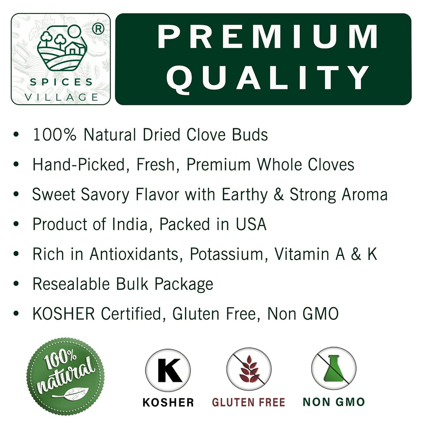 Spices Village Cloves Whole, All Natural Dried Clove Buds, Clavos de Olor 7 Ounces, Kosher, Gluten Free, Non GMO, Whole Seeds Great for Food, Tea