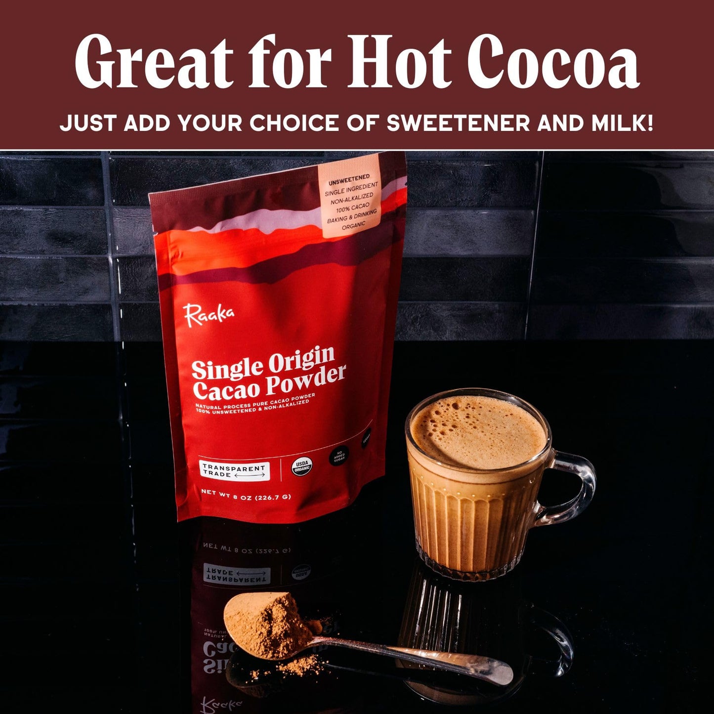 Raaka Chocolate Organic Cacao Powder - Unsweetened, Non-Alkalized, Perfect for Baking, Substitute for Cocoa Powder - Gluten-Free, Soy-Free, Sugar-Free, Allergen-Friendly - 8oz Resealable Bag
