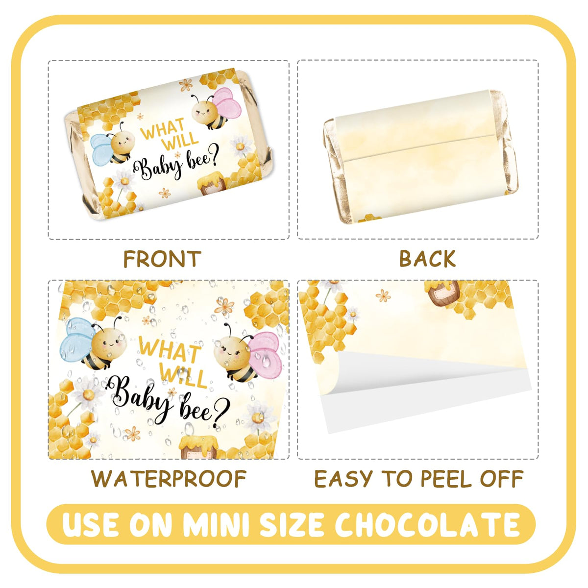 Bumble Bee Mini Chocolate Bar Wrappers, Oh Babee Candy Bar Labels, Bee First Birthday Stickers for Chocolate, Bee Themed Gender Reveal/Pregnancy