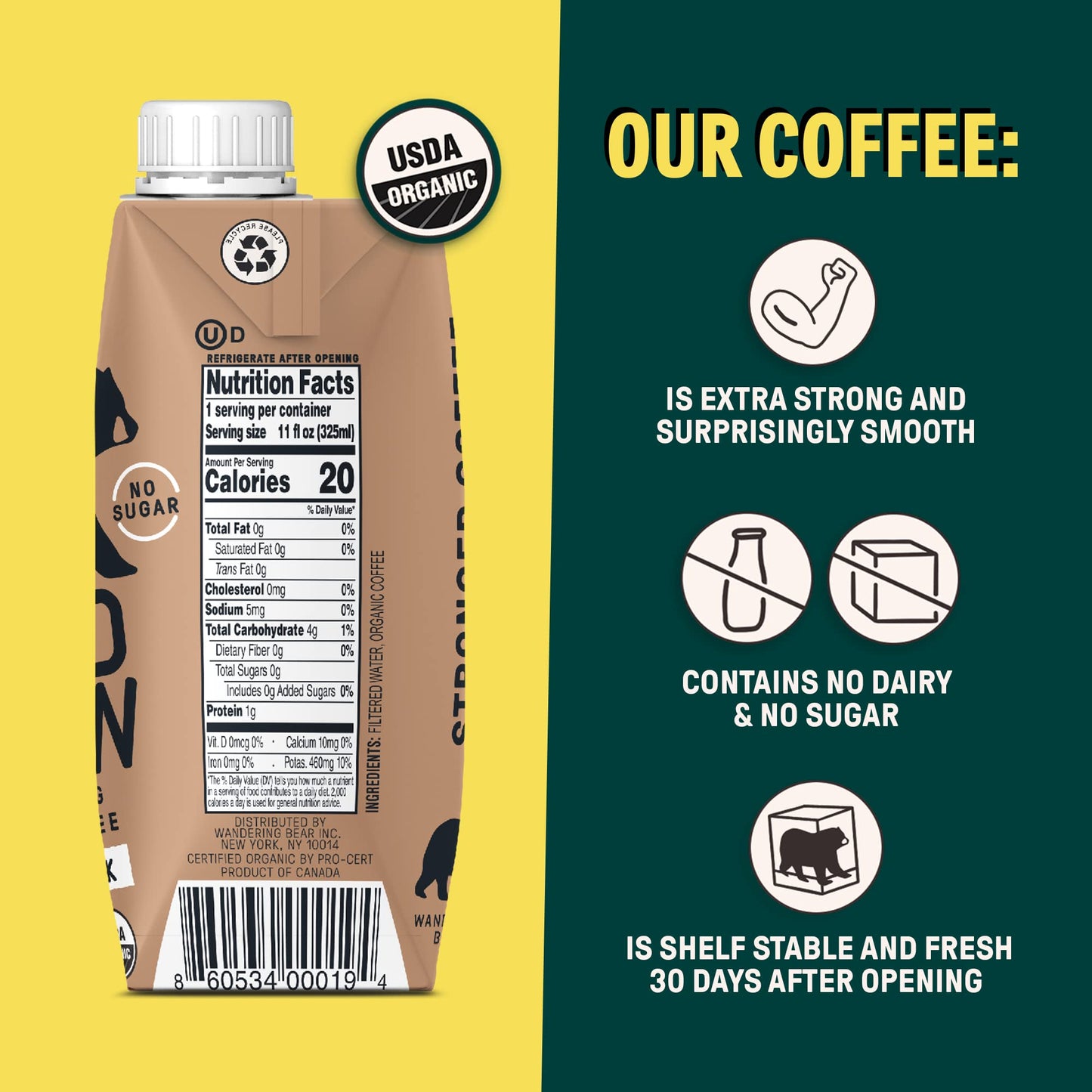 Wandering Bear Straight Black Organic Cold Brew Coffee On-the-Go - Extra Strong, Bold, Smooth, Unsweetened, Shelf-Stable, Ready to Drink, 100% Organic