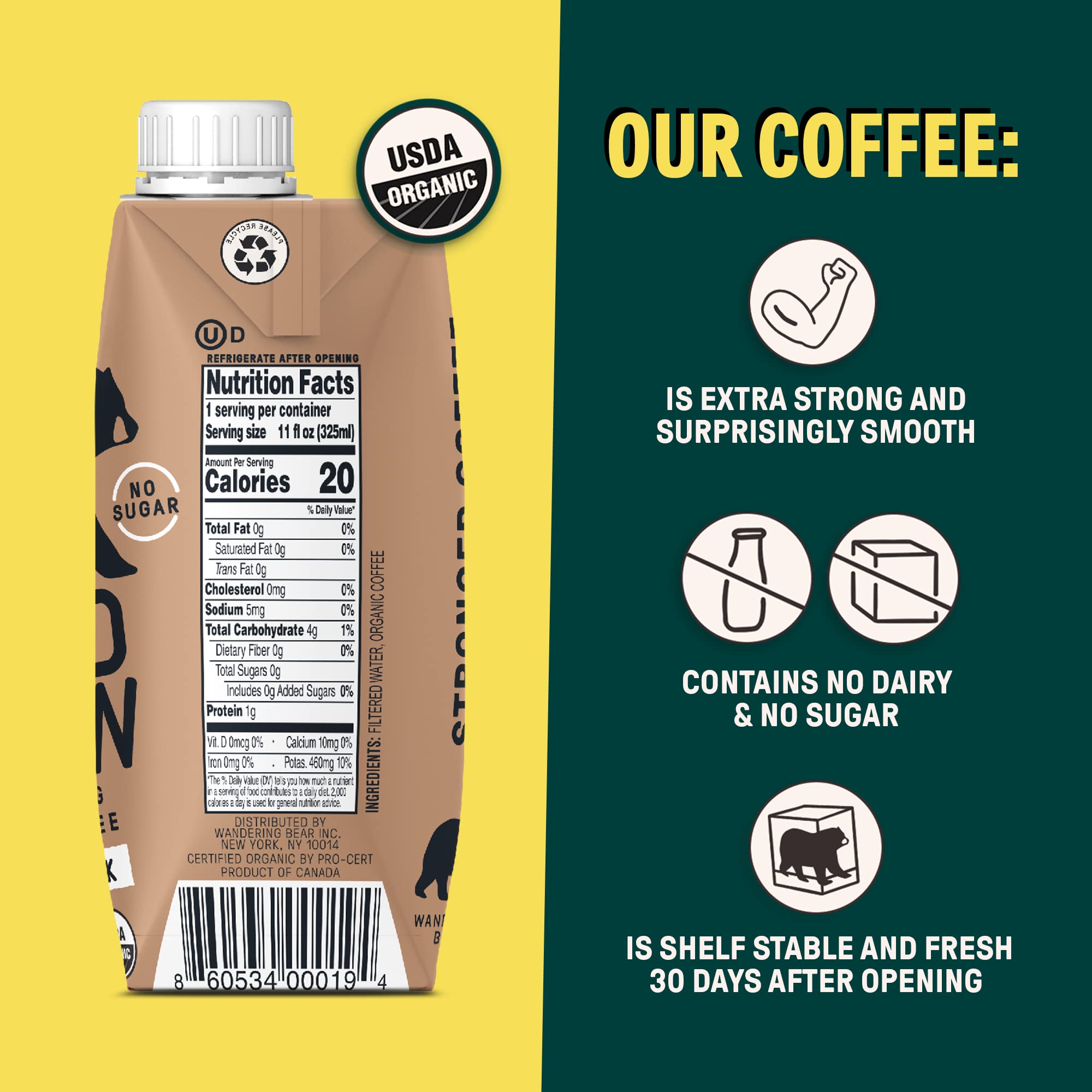 Wandering Bear Straight Black Organic Cold Brew Coffee On-the-Go - Extra Strong, Bold, Smooth, Unsweetened, Shelf-Stable, Ready to Drink, 100% Organic