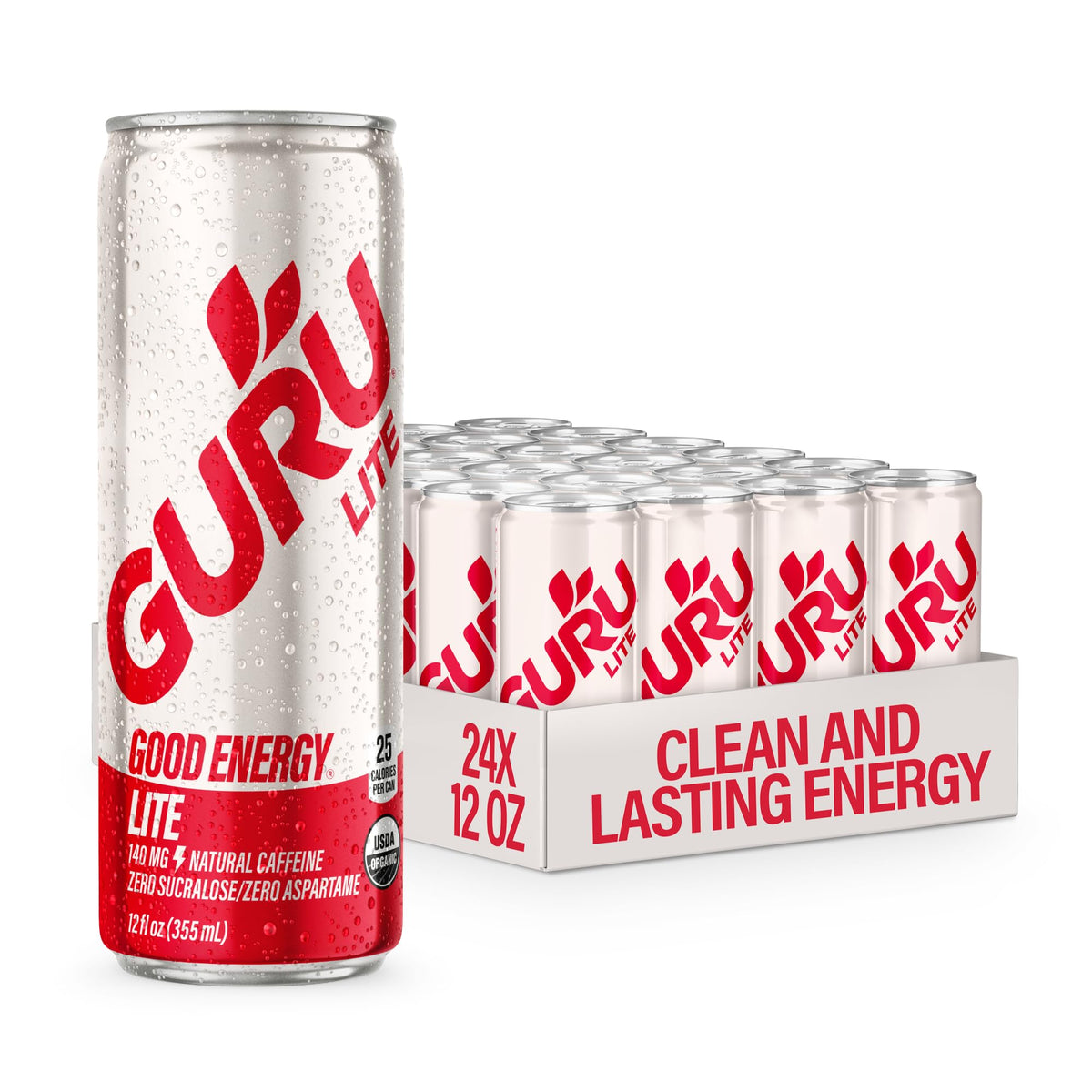 GURU Organic Energy Drink, Lite, Natural Caffeine, 12 Fl Oz, 24 Pack