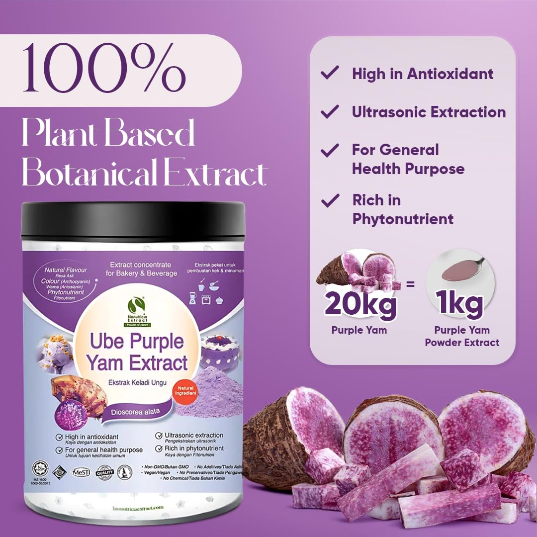 Bionutricia Ube Purple Yam Extract Powder 20:1, 7oz - High Concentration, Natural Non-GMO Ube Powder for Beverages, Pastries & Baking, No Artificial