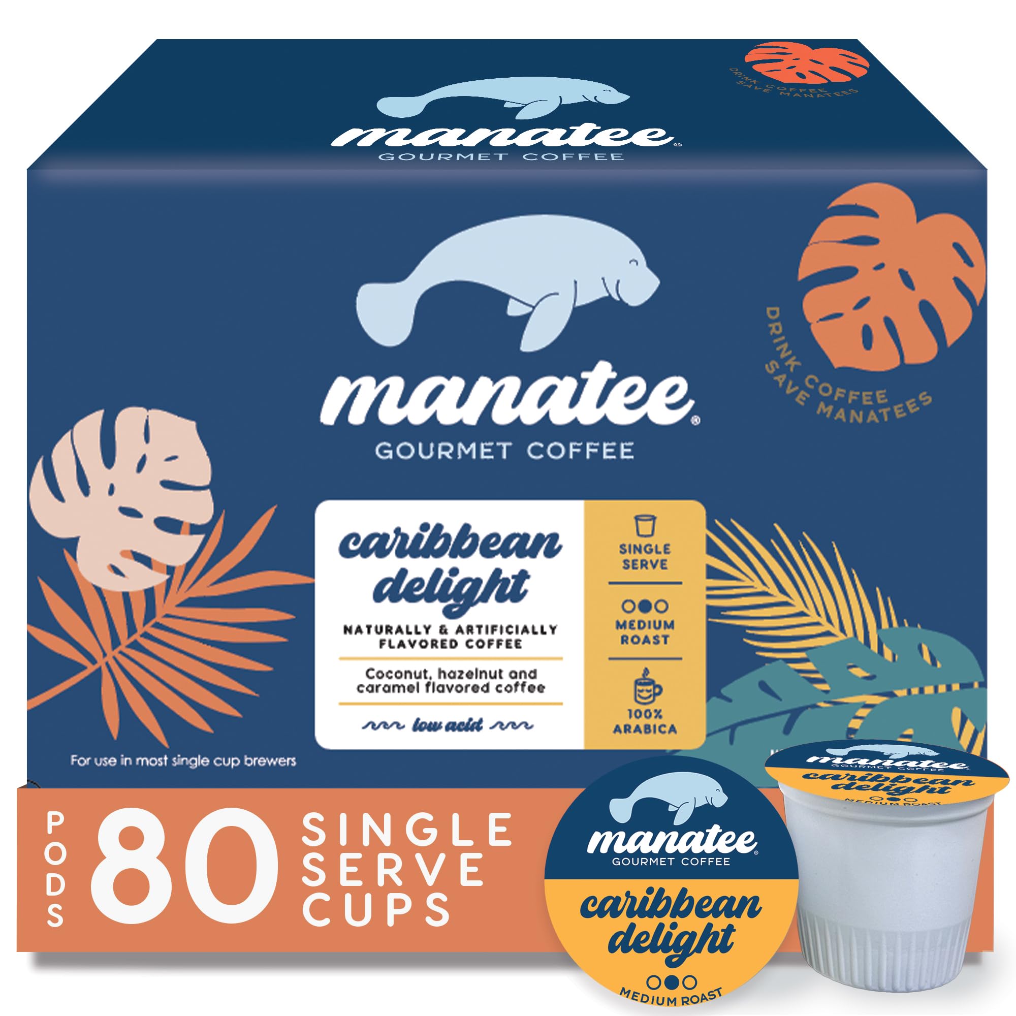 Manatee Gourmet Coffee, Single Serve Pods for Keurig 2.0 K Cup Brewers, Medium Roast, Caribbean Delight, 80 ct