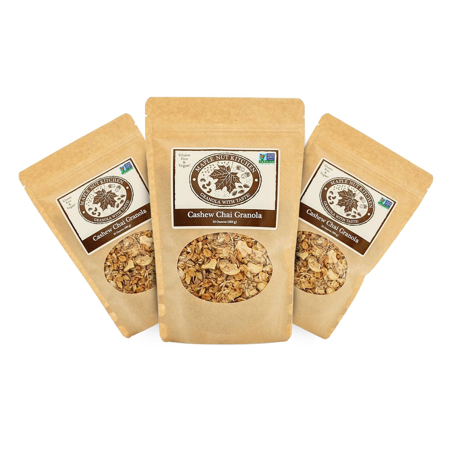 Maple Nut Kitchen Gluten Free Chai Granola with Cashews 3 Pack - Certified Gluten Free Oats, Shredded Coconut, Sunflower Seeds, Maple Syrup - Healthy