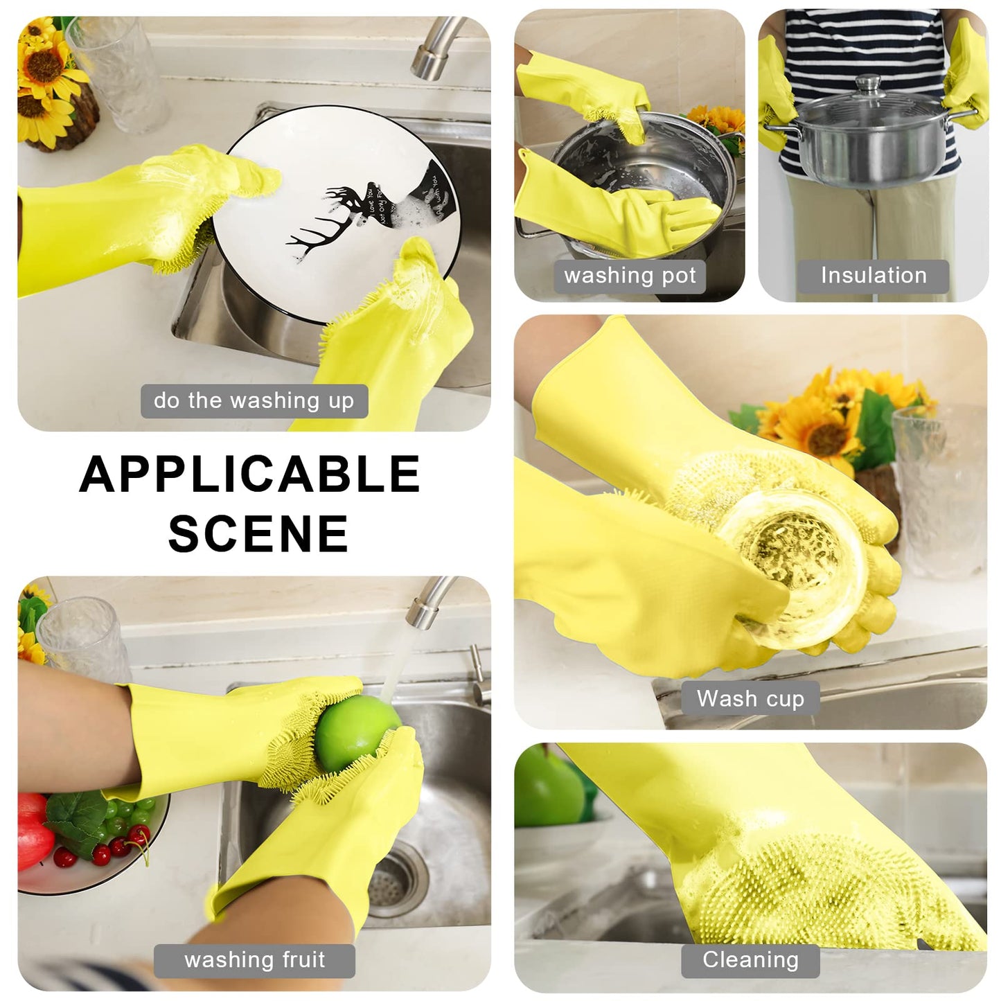 Silicone Dishwashing Scrubber Glove Brush - Reusable Rubber Kitchen Gloves for Housework, Car, Bathroom, Clothes, Pet (Yellow)