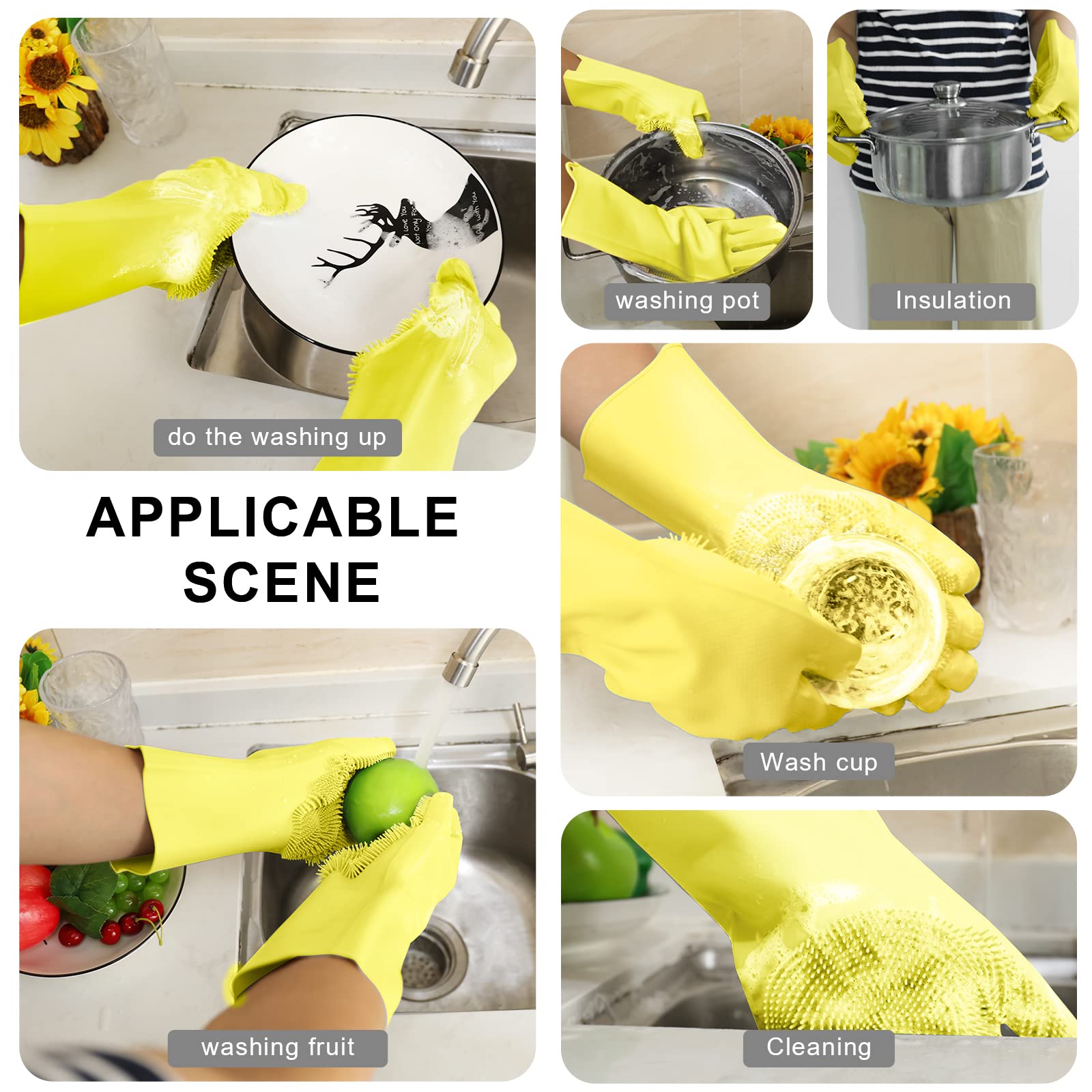 Silicone Dishwashing Scrubber Glove Brush - Reusable Rubber Kitchen Gloves for Housework, Car, Bathroom, Clothes, Pet (Yellow)