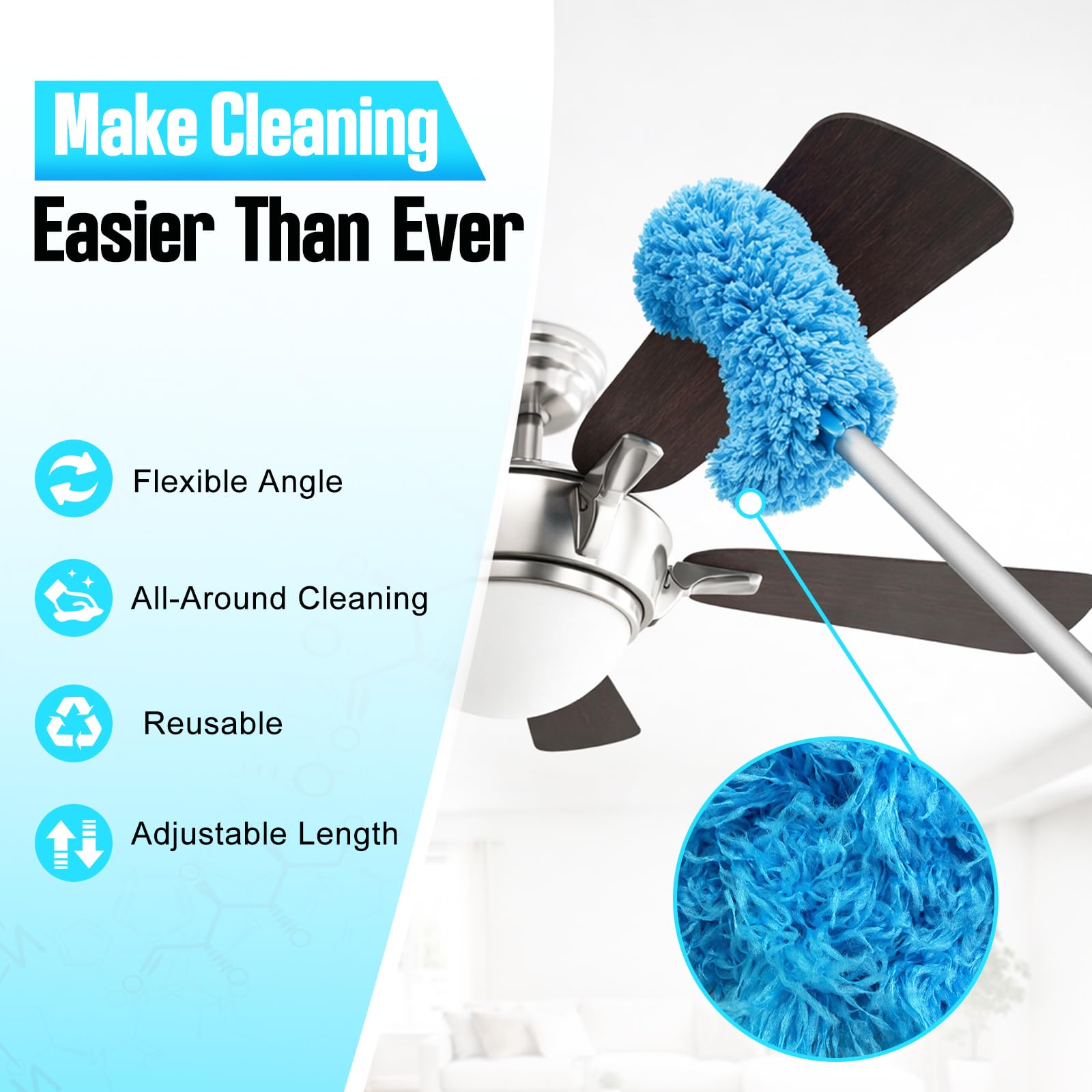 Ceiling Fan Cleaner Duster with Extension Pol, 12 to 51 Inch Duster Length, Reusable Microfiber Dusters for Cleaning Fan Blades, Cobwebs, Walls