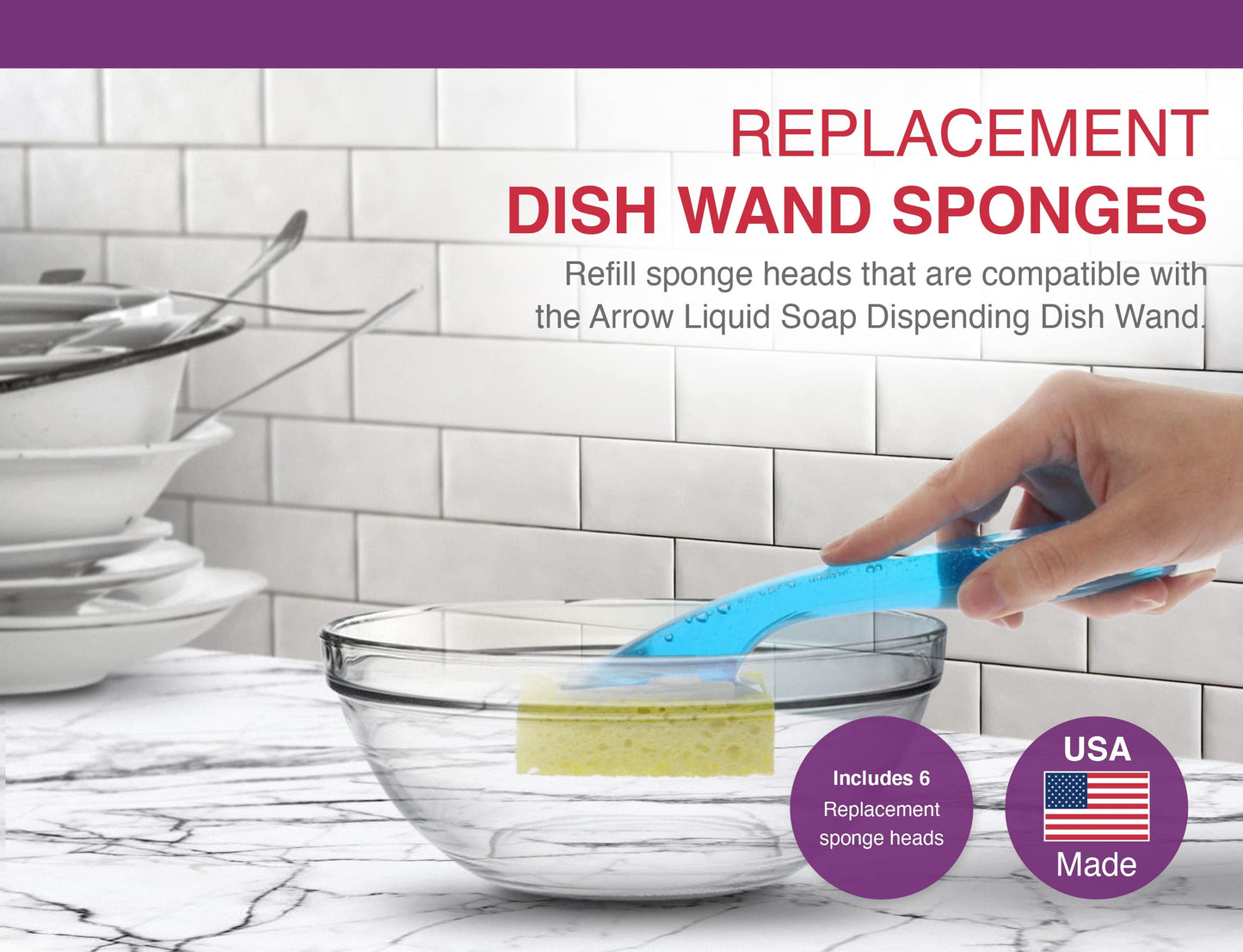 Arrow Dish Wand Sponge Refills, 6pk - Replacement Sponge Heads for Dish Wand - Quick, Convenient Cleaning - Easy to Refill