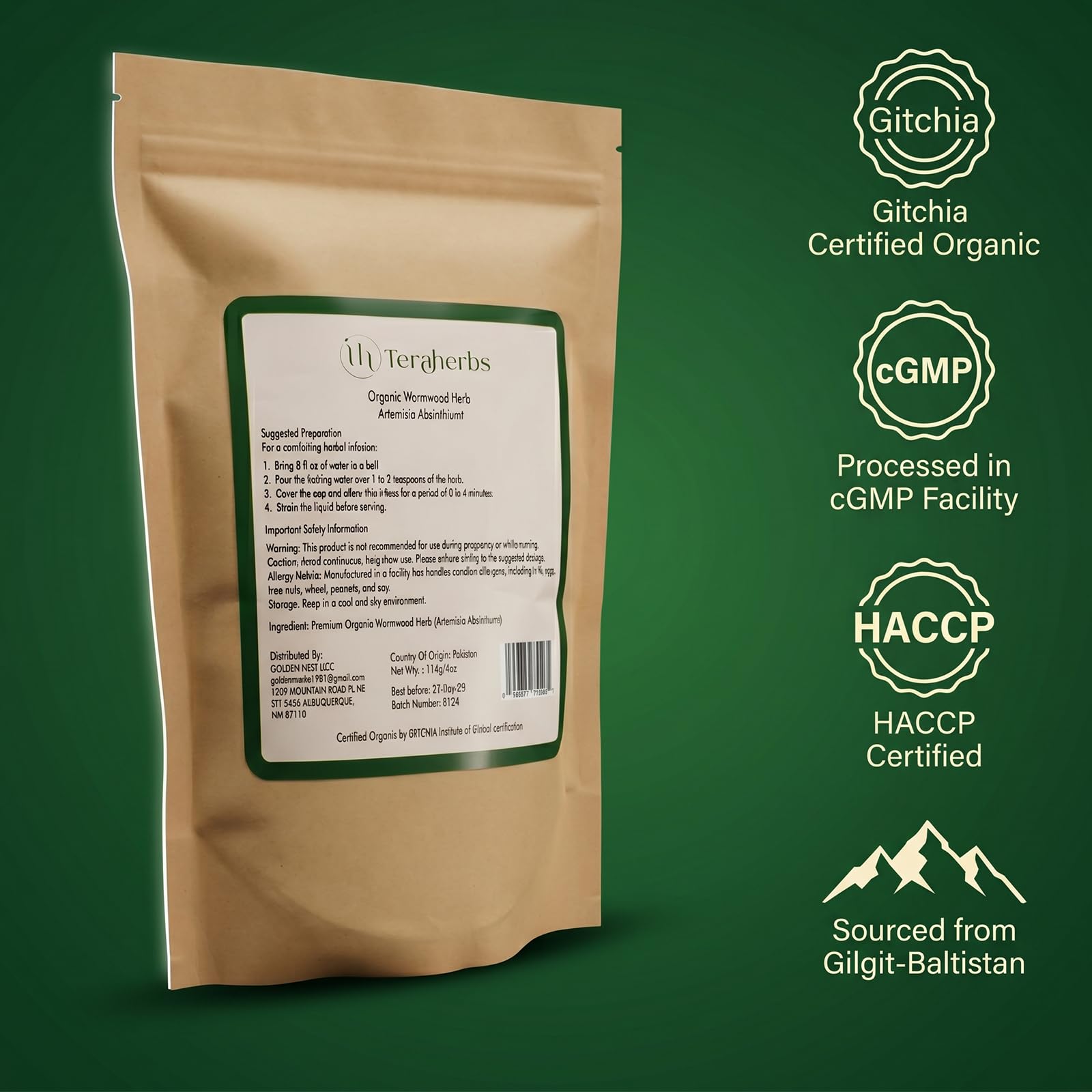 TeraHerbs | Organic Wormwood Herb 4oz Cut & Sifted Artemisia Absinthium | Dried Wormwood Tea In Eco Friendly Resealable Bag | Ajenjo Hierba Natural