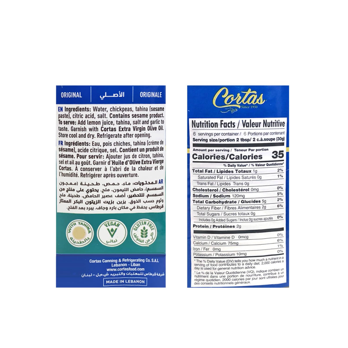 Cortas - Hummus Tahini, Chickpea Dip, 6.5 oz / 185g (Pack of 6), Single Serve Easy Open Can