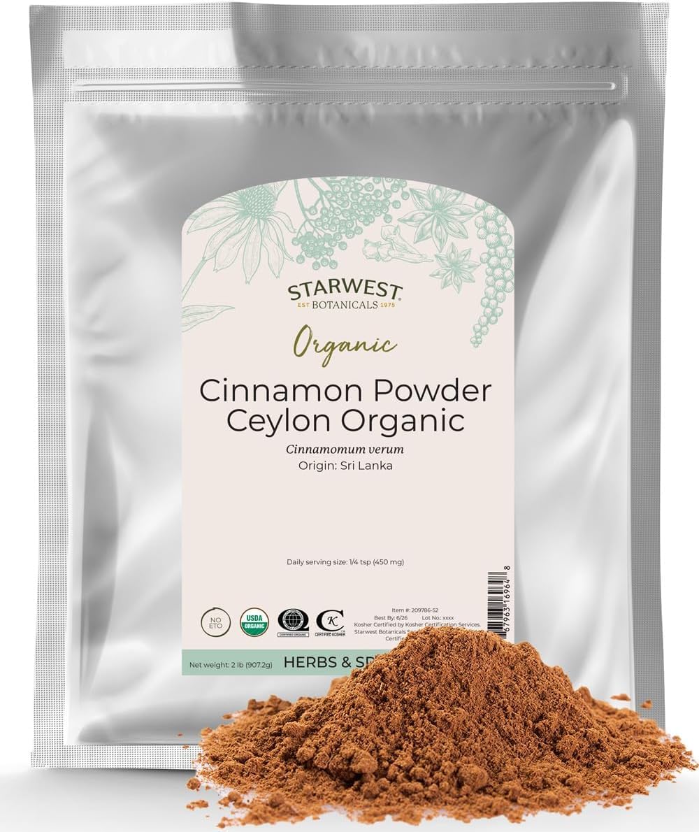 Starwest Botanicals Organic Ground Ceylon Cinnamon Powder - Spice for Tea, Cooking, & Baking, Sweet & Mellow Flavor, Certified Kosher, Non-GMO - Bulk