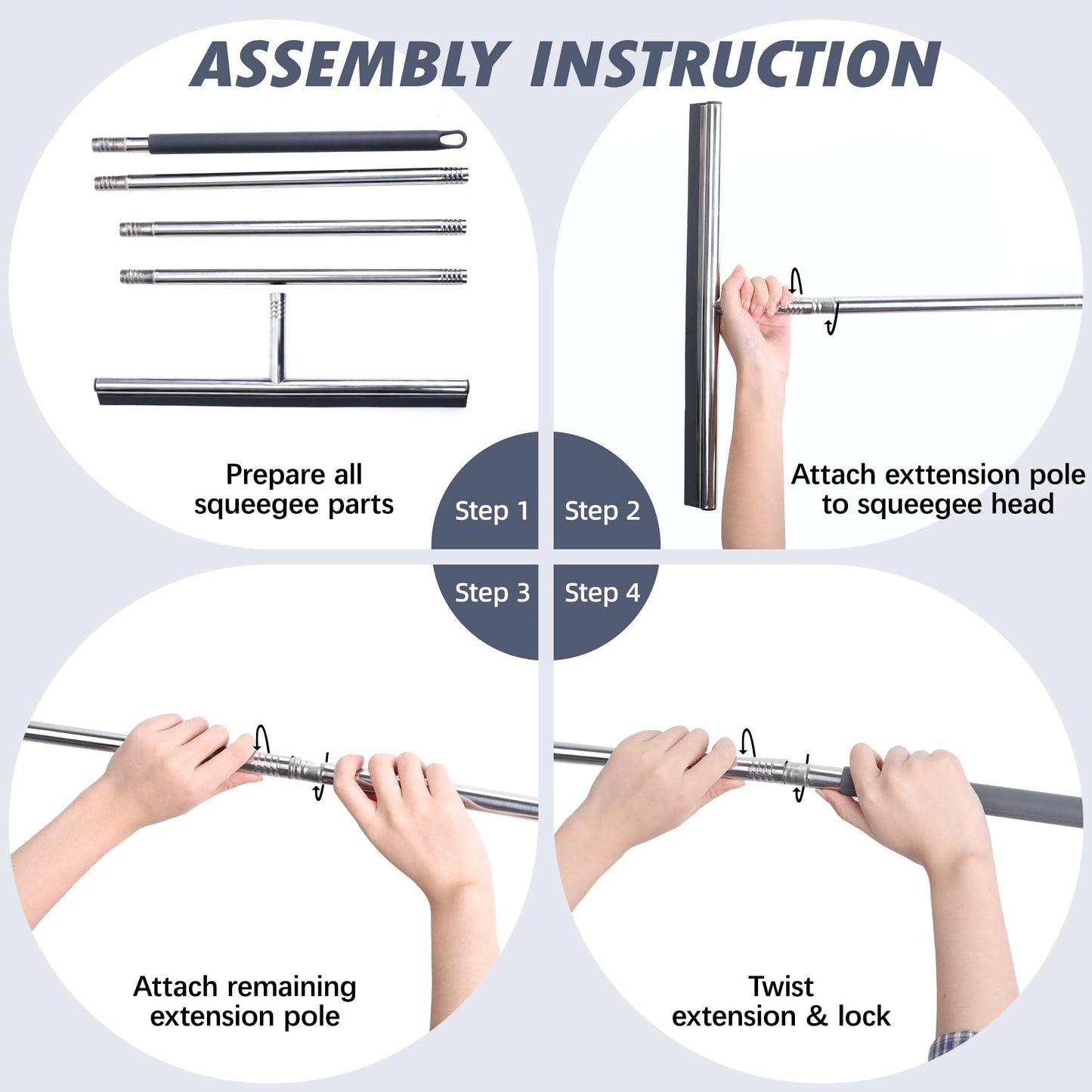 Eahwey Professional Heavy-Duty Floor Squeegee, 15" Wide Silicone Blade & 19"-59" Adjustable Pole, for Garage Floor, Driveway, Tile & Patio