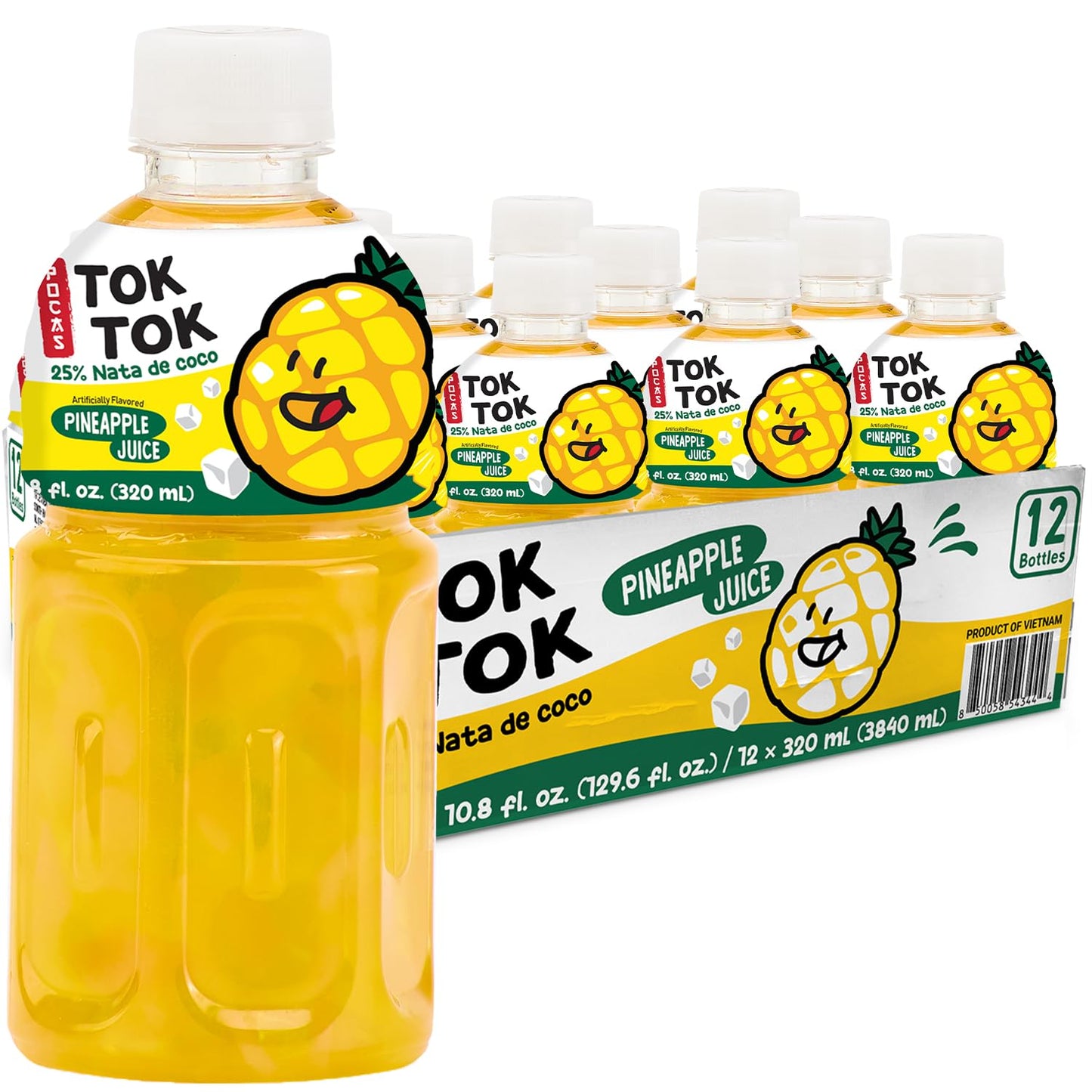 Pocas Toktok Pineapple Juice 12-Pack - Made with Real Fruit & Chewy Nata De Coco, 8 Oz Each