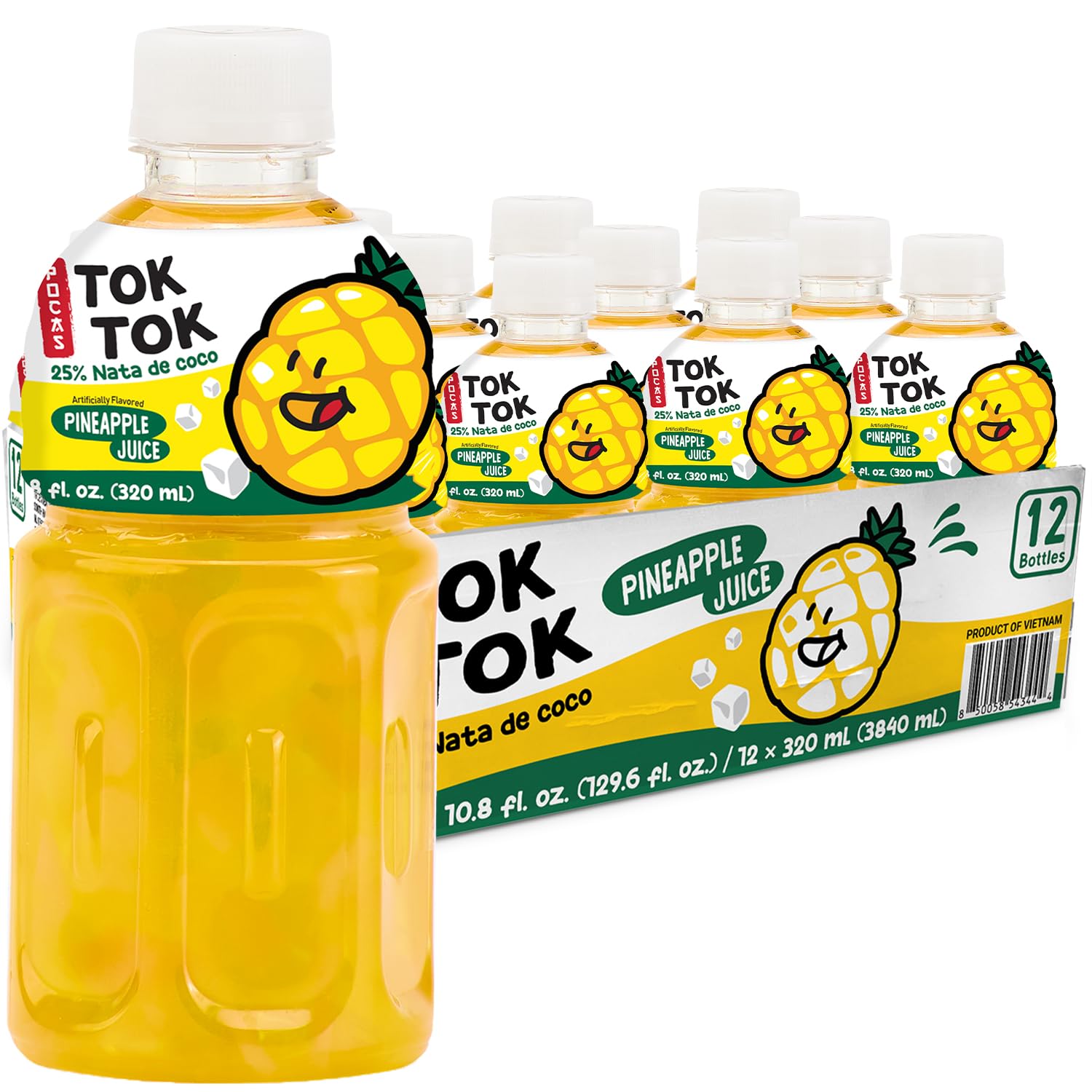 Pocas Toktok Pineapple Juice 12-Pack - Made with Real Fruit & Chewy Nata De Coco, 8 Oz Each