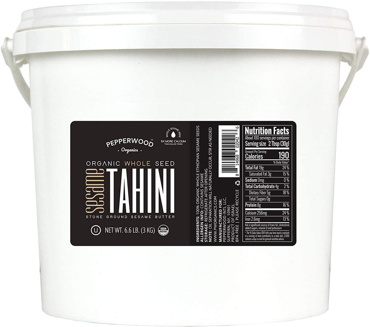 Organic Whole Sesame Tahini Paste - Bulk 6.6lb Bucket - Unhulled & Stone-Ground - Silky Smooth Texture in Hummus, Dips, Dressings - Unsalted