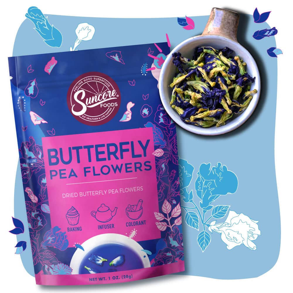 Suncore Foods Dried Butterfly Pea Flowers Bloom, Caffeine-Free Tea, Gluten-Free, Non-GMO, 1oz