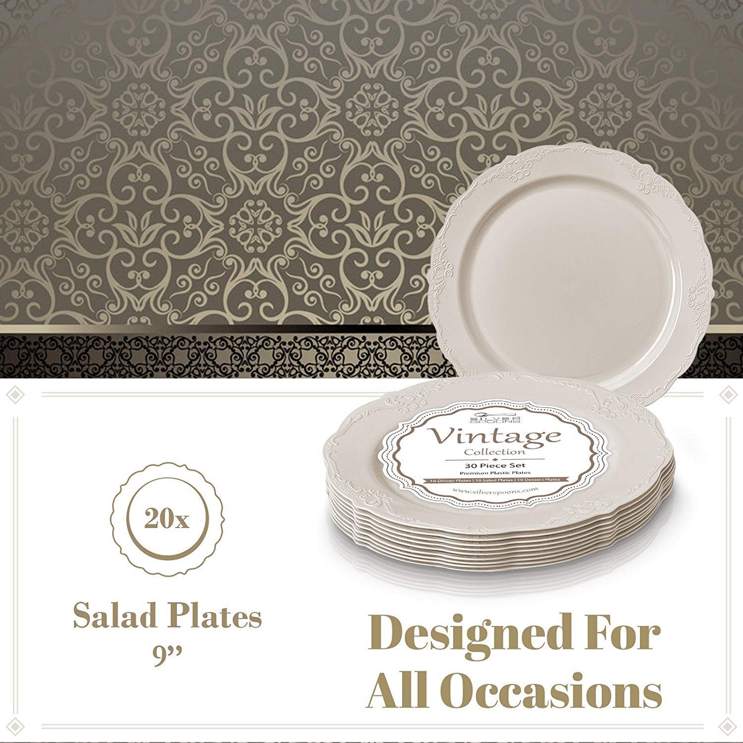 DISPOSABLE DINNERWARE SET, 20 Cake Plates (Vintage - Cream, 9")