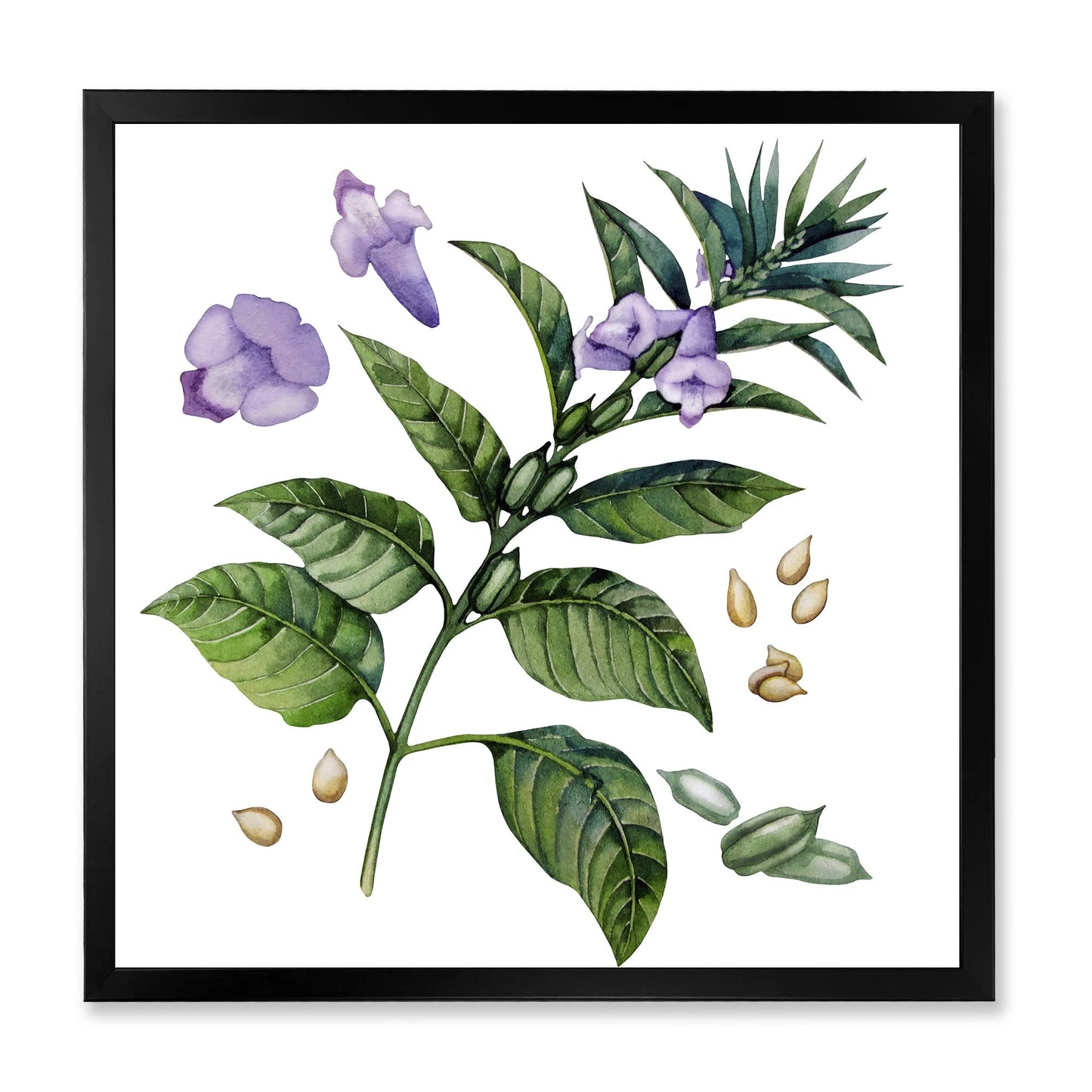 DesignQ Purple Sesame Flowers WIth Green Leaves Traditional Framed Wall Art