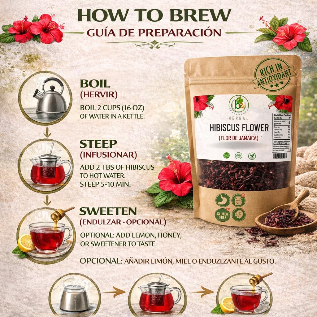 Jamaica (Hibiscus) Dried Flowers - 4 oz Loose Leaf Herbal Tea - Whole Petals & Flowers - Authentic Mexican Agua Fresca Ingredient - 100% Natural