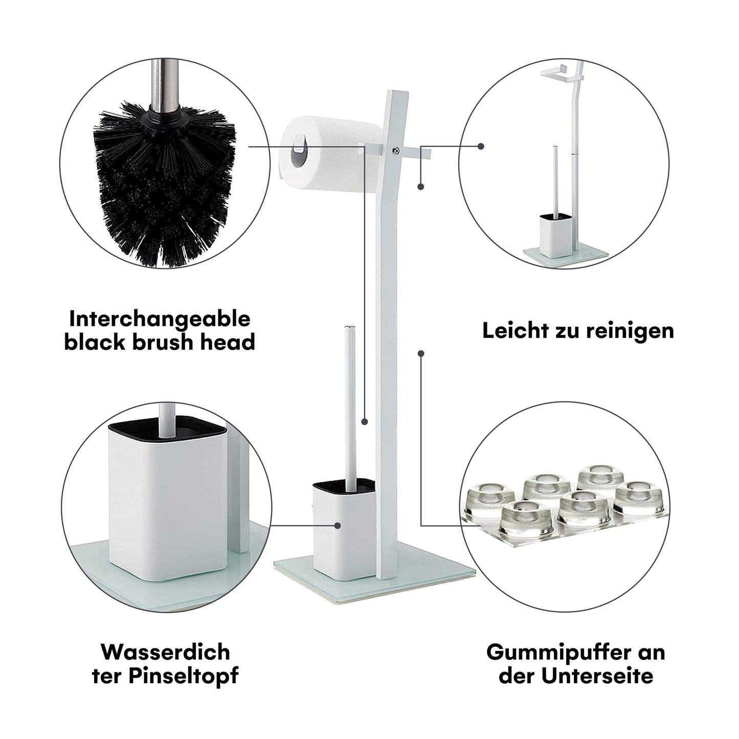 WC Set - White -22x18x70cm- Toilet Paper Holder and Toilet Brush incl. - Stainless Steel - Strong Glass Base - Plus: 1+2 Replacement Toilet Brush