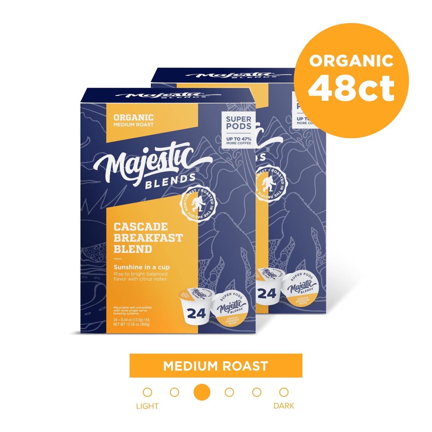 Majestic Blends Organic Coffee, Cascade Breakfast Blend SUPER PODS, Single-Serve Coffee Pods, 48 Count