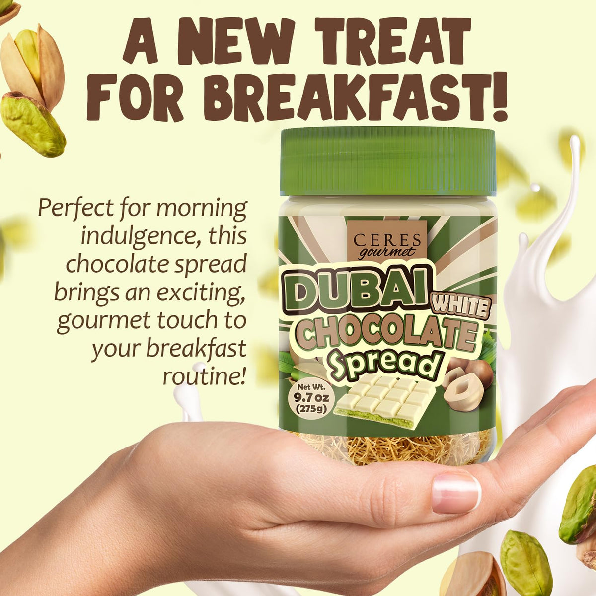 Dubai White Chocolate Spread 9.7 oz Jar with Pistachio Cream and Kataifi