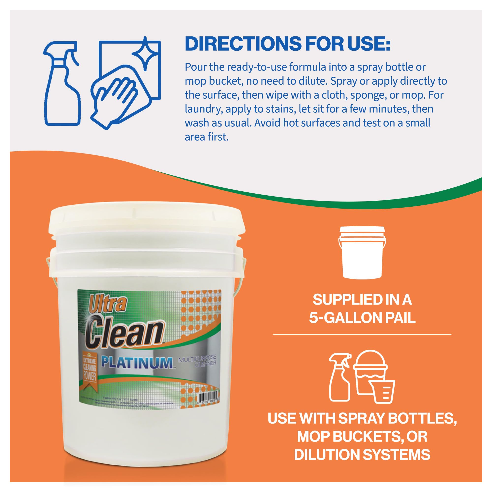 Ultra Clean Platinum Multipurpose Cleaner, Non-Abrasive and Bleach-Free, for Kitchen Counters, Bathroom Floors and Garage Spaces, Citrus, 5 Gallons