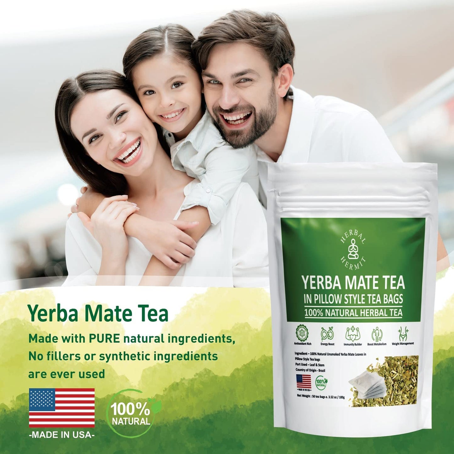 Yerba Mate Tea Bags | Premium Unsweetened Yerba Mate | Chlorogenic Acid Tea | Natural Energy Boost | 50 Tea Bags
