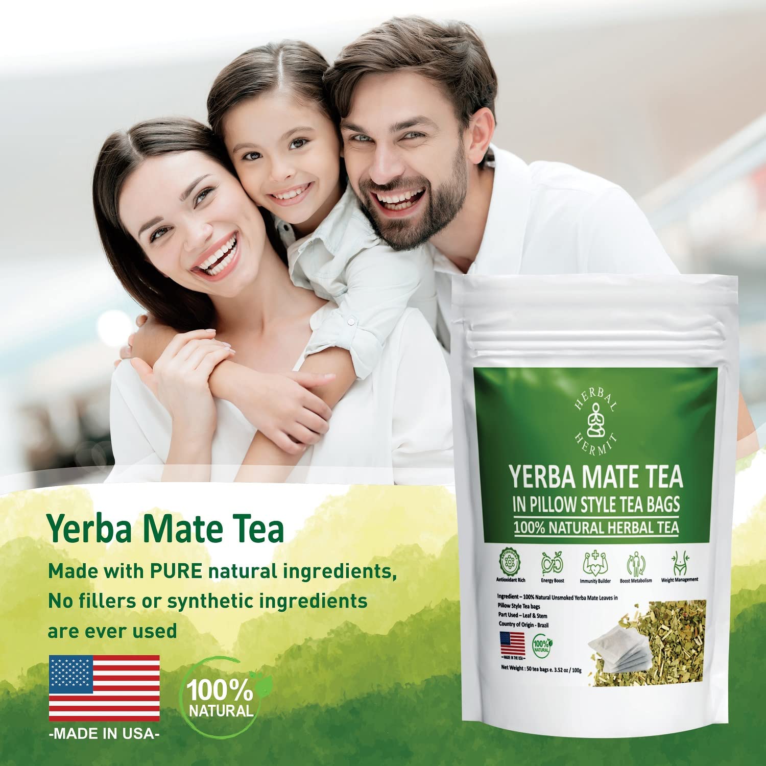 Yerba Mate Tea Bags | Premium Unsweetened Yerba Mate | Chlorogenic Acid Tea | Natural Energy Boost | 50 Tea Bags