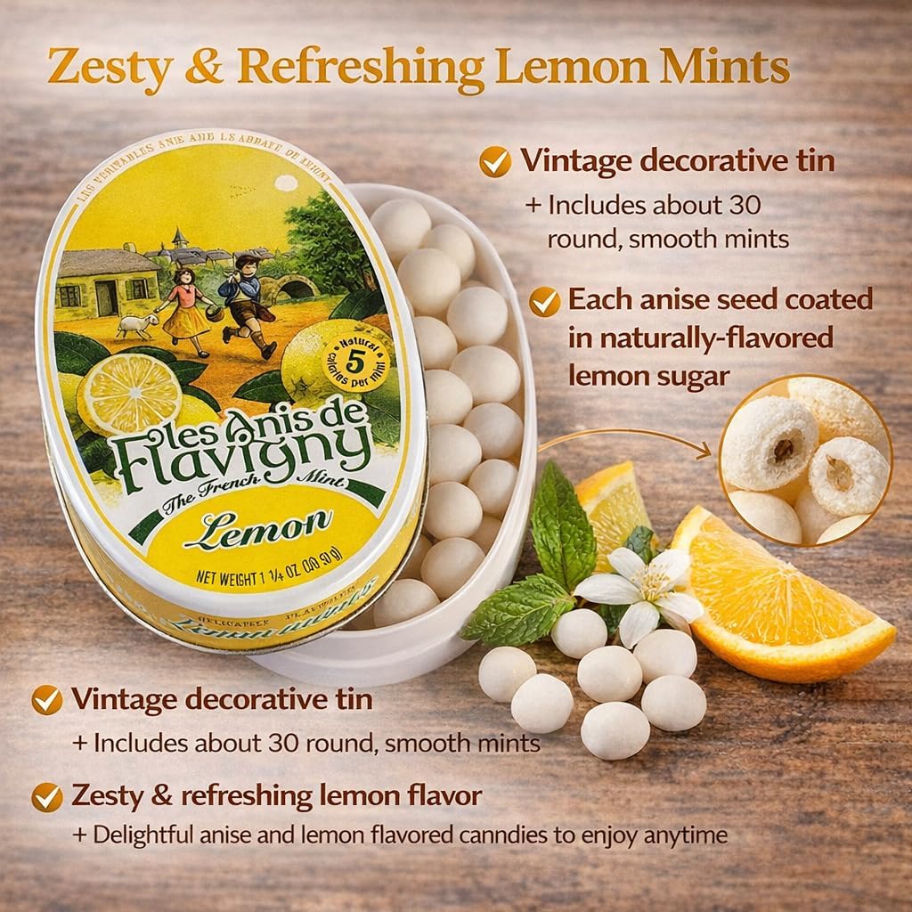 Les Anis de Flavigny French Mints Candy - Lemon Flavor Hard Candy, Natural Gourmet Sweets in Classic Tin, 50g (1.75 oz).