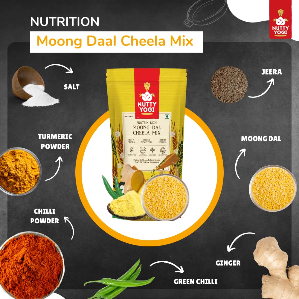 Nutty Yogi Moong Daal Cheela Mix 400G I Indian Pancake I Batter Mix I Healthy Breakfast I Protein Rich Healthy Food I Ready to Cook I Nutritious & Delicious Instant Food I