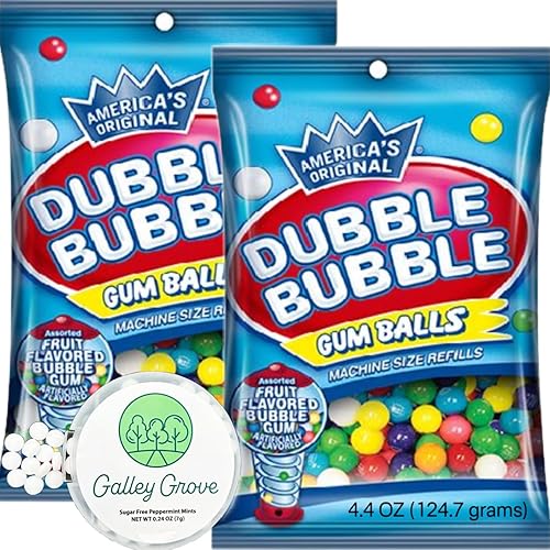 Dubble Bubble Mini Gumball Machine Refills 4.4 oz Bag (2-Pack), 1/2 inch 13mm Assorted Fruit Flavor Bubble Gum, With Galley Grove Sugar-Free Breath