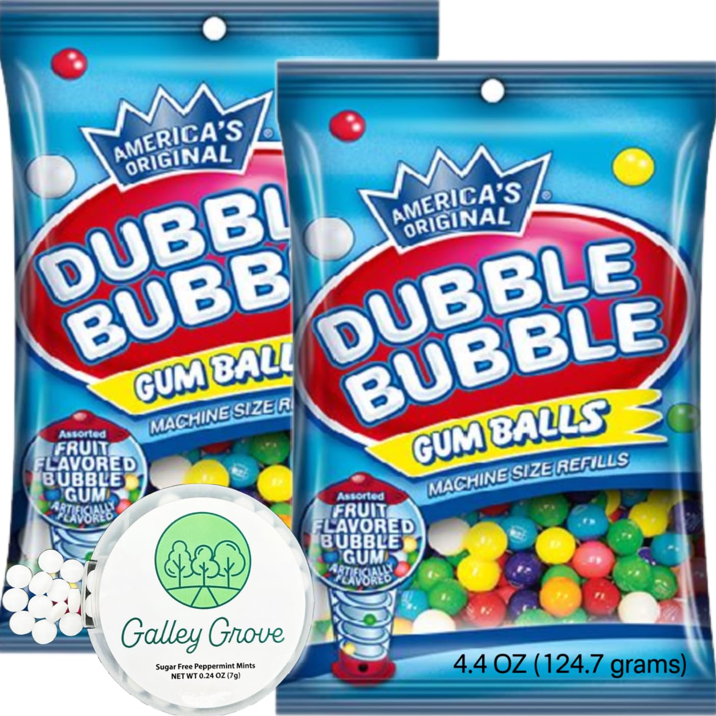 Dubble Bubble Mini Gumball Machine Refills 4.4 oz Bag (2-Pack), 1/2 inch 13mm Assorted Fruit Flavor Bubble Gum, With Galley Grove Sugar-Free Breath