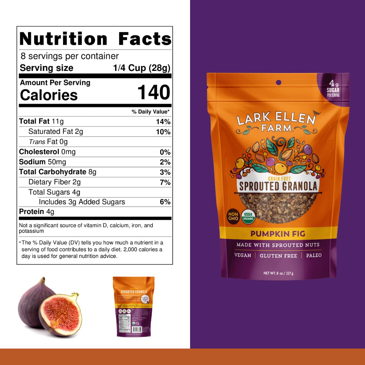 Lark Ellen Farm Grain-Free Granola, Certified Organic Raw Sprouted Vegan Clusters, Paleo & Crunchy Gluten-Free Bites for Cereal or Yogurt, Pumpkin