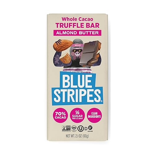 Blue Stripes - Almond Butter Whole Cacao Truffle Chocolate Bars, 70% Cacao, Almond Butter, Healthy Chocolate, Vegan, No Refined Sugar, Non GMO, Gluten