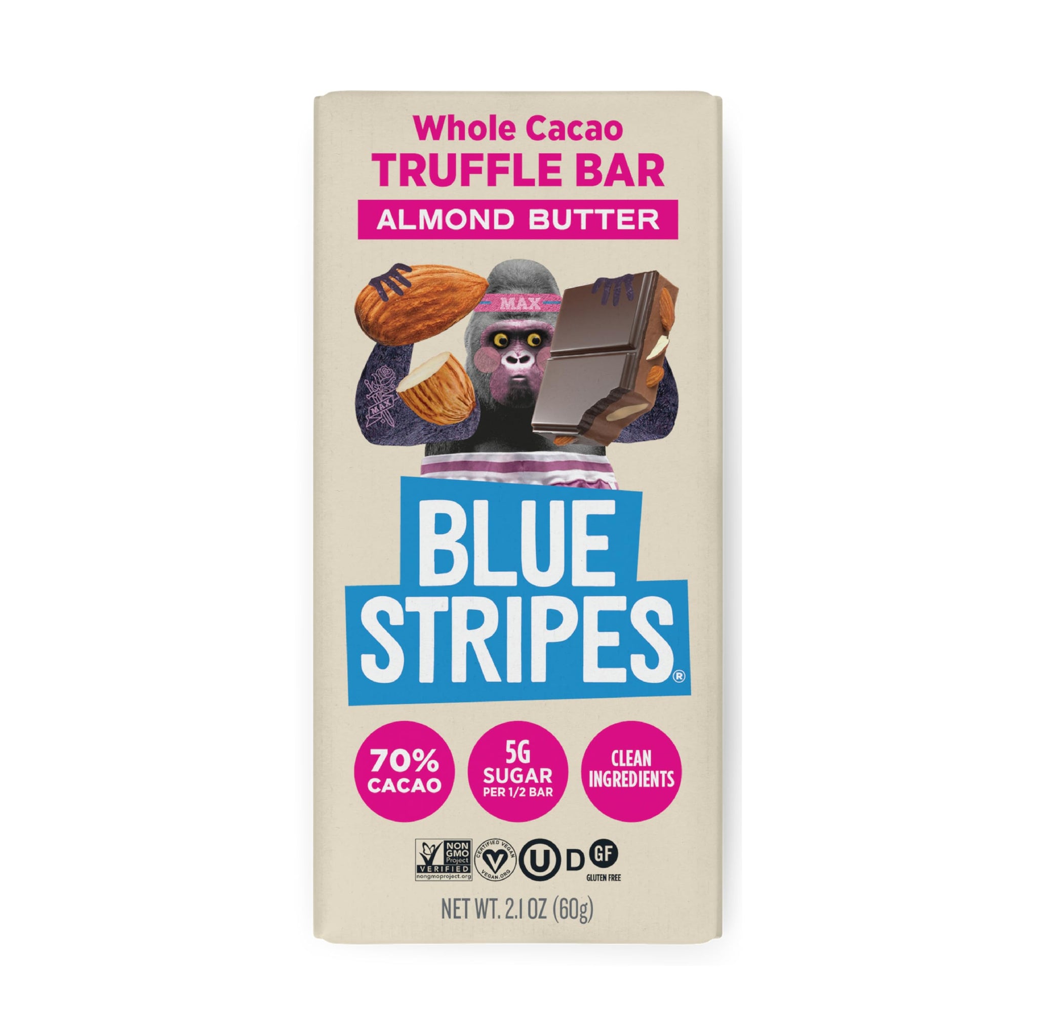 Blue Stripes - Almond Butter Whole Cacao Truffle Chocolate Bars, 70% Cacao, Almond Butter, Healthy Chocolate, Vegan, No Refined Sugar, Non GMO, Gluten