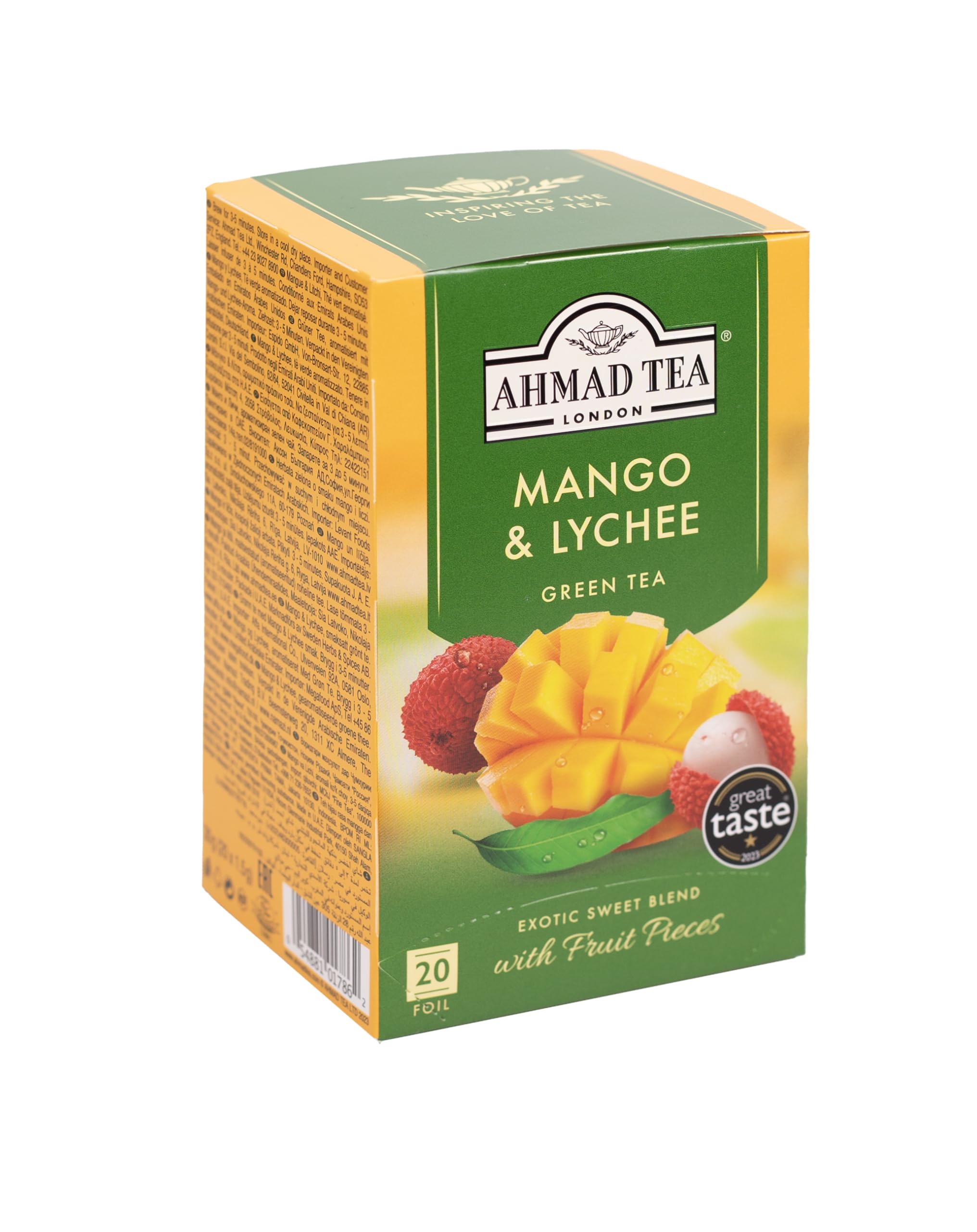 Ahmad Tea Green Tea, Mango & Lychee Teabags, 20 ct (Pack of 1) - Caffeinated & Sugar-Free