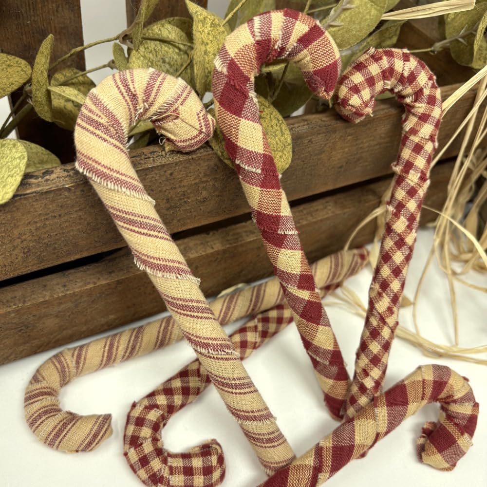 Set of 6 Primitive Red & Tea Dye Plaid Homespun Fabric Covered Candy Cane Ornaments for Christmas by Marilee Home