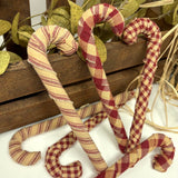 Set of 6 Primitive Red & Tea Dye Plaid Homespun Fabric Covered Candy Cane Ornaments for Christmas by Marilee Home