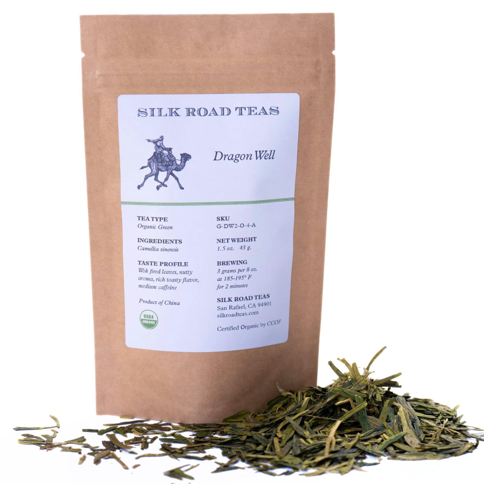 Silk Road Teas, Organic Loose Leaf Green Tea, Dragon Well, Longjing, Invigorating, Sweet & Chesnut Flavors, 1.5 ounces