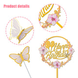 28pcs Flower Cake Topper 3D Butterfly Acrylic Happy Birthday Cake Toppers Artificial Carnation Rose Flowers Eucalyptus Leaves Cake Decorations
