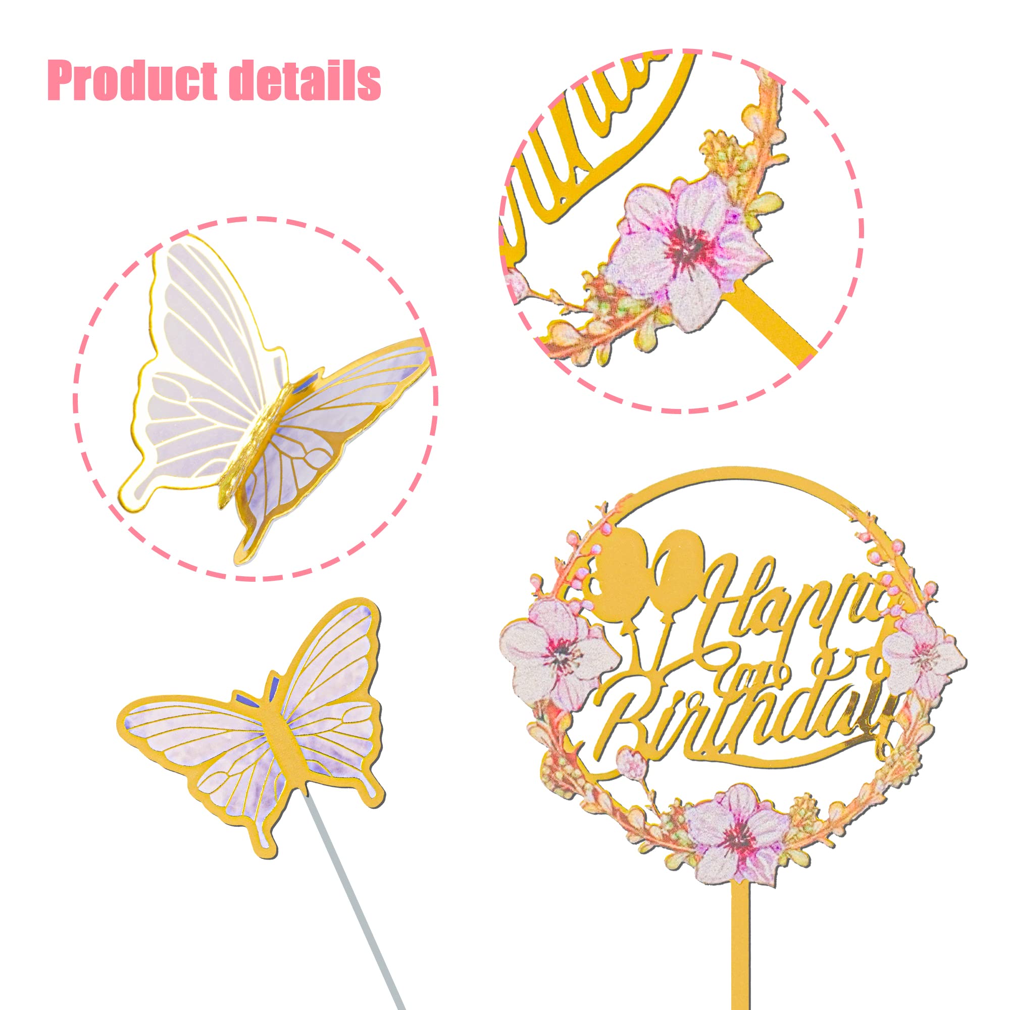 28pcs Flower Cake Topper 3D Butterfly Acrylic Happy Birthday Cake Toppers Artificial Carnation Rose Flowers Eucalyptus Leaves Cake Decorations