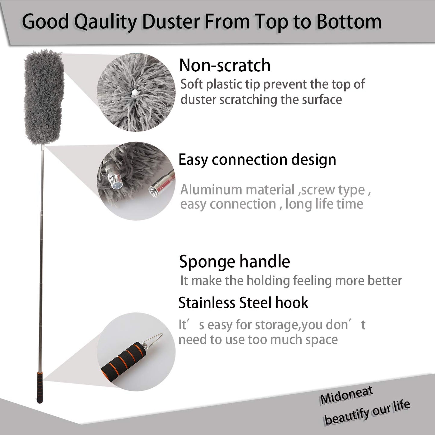 Midoneat Lambswool Duster with Extra Flexible Microfiber Head,Long Reach/Extendable Duster Up to 86" for Cleaning High Ceiling Fan, Interior Roof