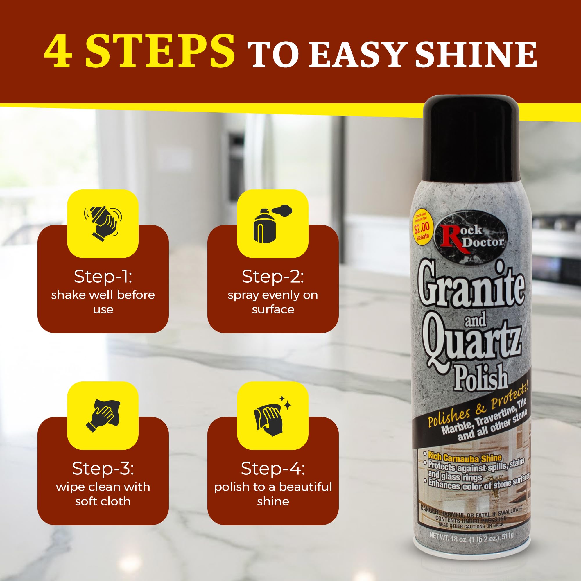Rock Doctor Granite and Quartz Cleaner and Polish Set 18 oz Each Streak-Free Stone Cleaner with Carnauba Shine Safe for Marble, Tile, Travertine
