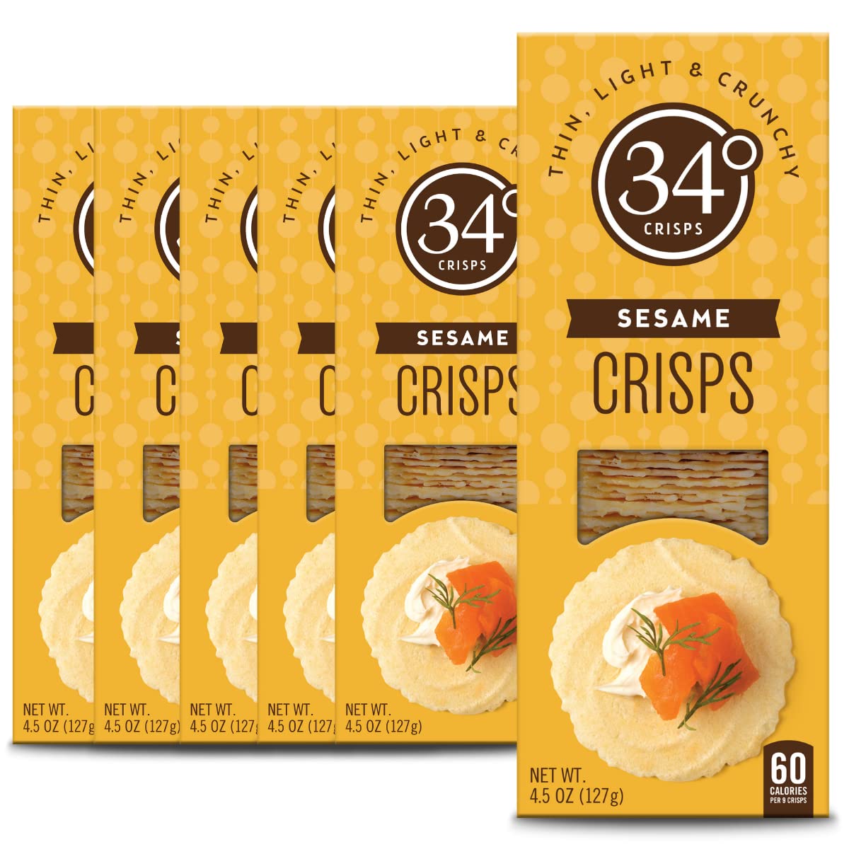 34 Degrees Sesame Crisps | Light & Crunchy Thin Crackers for Charcuterie, Cheese Boards & Entertaining, 6 Pack (4.5oz each)