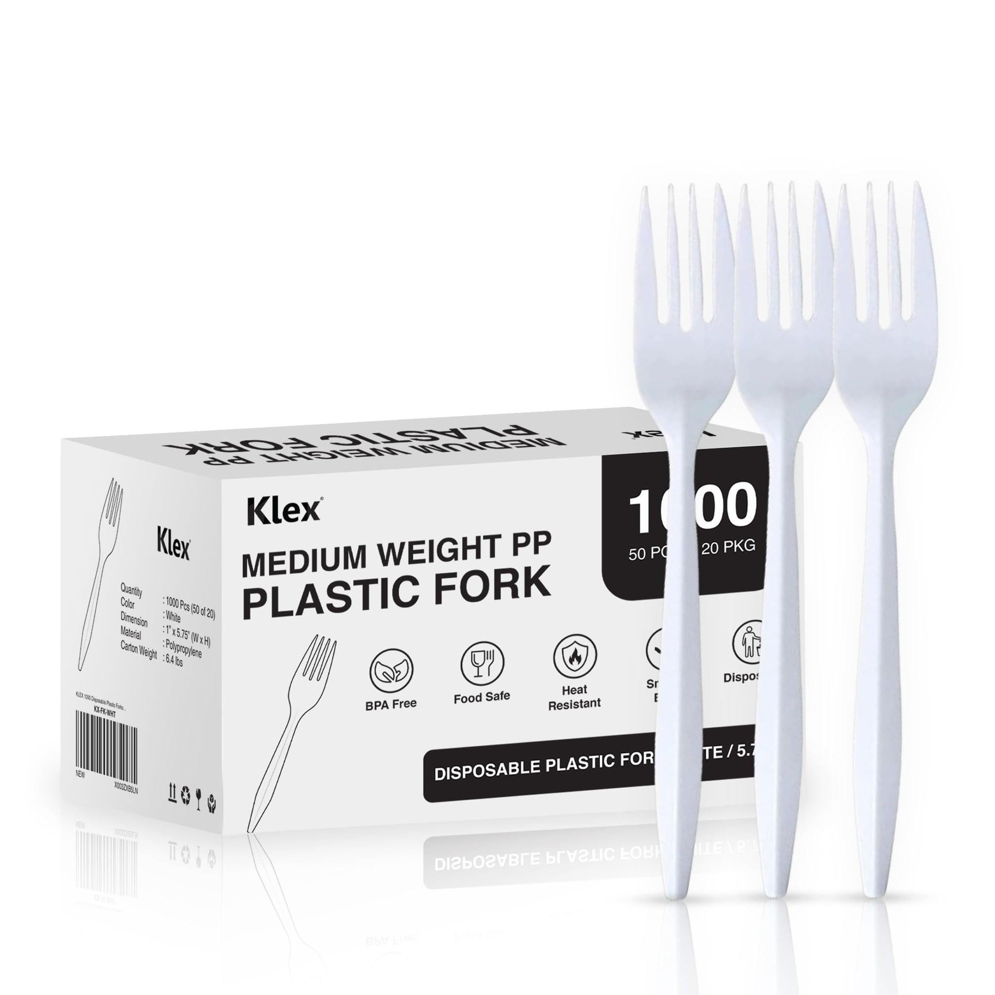 Klex 1000 Disposable Plastic Forks with Heat Resistant, BPA Free Durable Medium Weight Fork Bulk, 5.75", White, 1000 Count