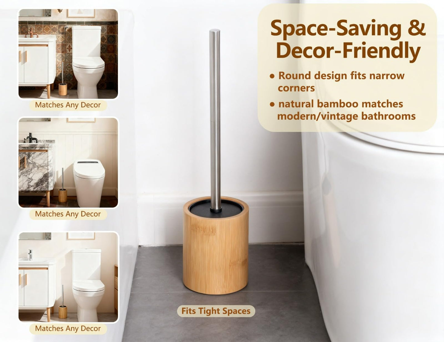 Round Bamboo Toilet Brush, Stainless Steel Long Handle, Freestanding Bathroom Cleaning Brush for Toilet Bowl